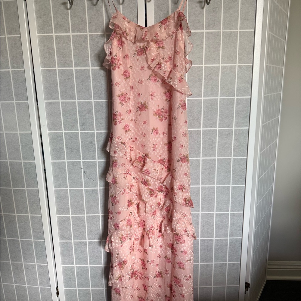 Poeselle Floral Pink Ruffle Dress, XS.